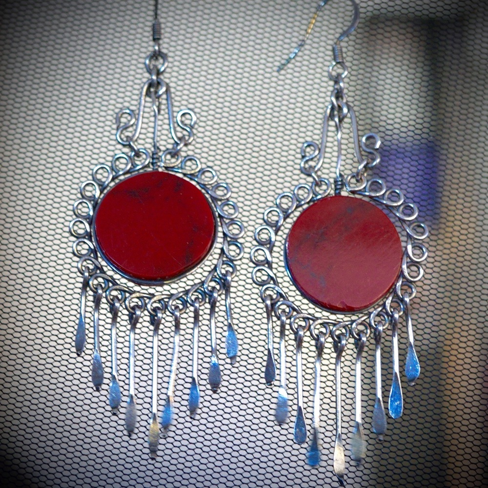 Vintage Mexican Silver Wire Earrings With Stone